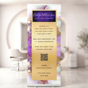 QR Code Gold Purple White Green Agate Watercolor Retractable Banner