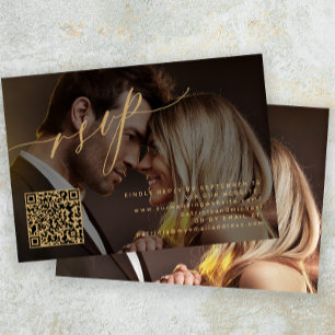 QR code gold script photo wedding  RSVP Card