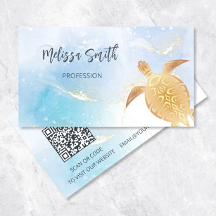 QR Code   Gold Tribal Turtle Blue Business Card