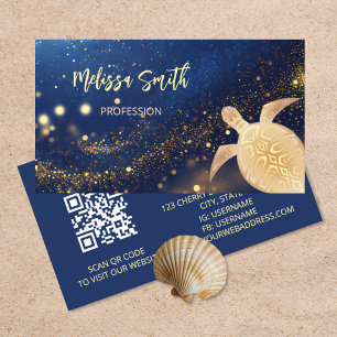 QR Code Gold Tribal Turtle Blue Business Card