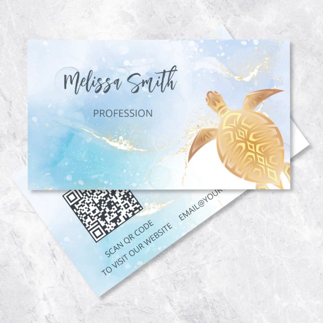 QR Code | Gold Tribal Turtle Blue Business Card (Creator Uploaded)