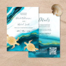 QR Code | Gold Turtles Teal Ink Agate Wedding