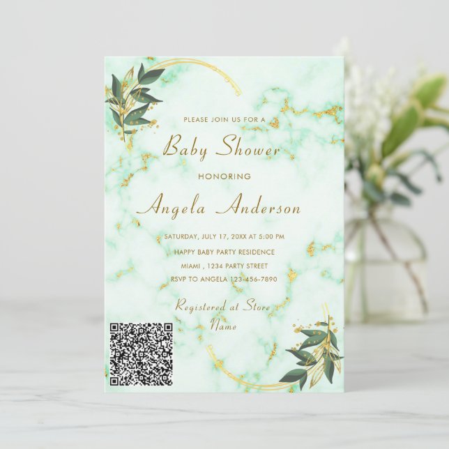 QR Code Gold White Marble Baby Shower Invitation (Standing Front)