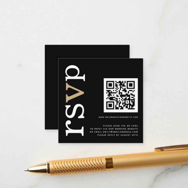 QR Code Gold White Text Black Wedding Online RSVP Enclosure Card (Front/Back In Situ)