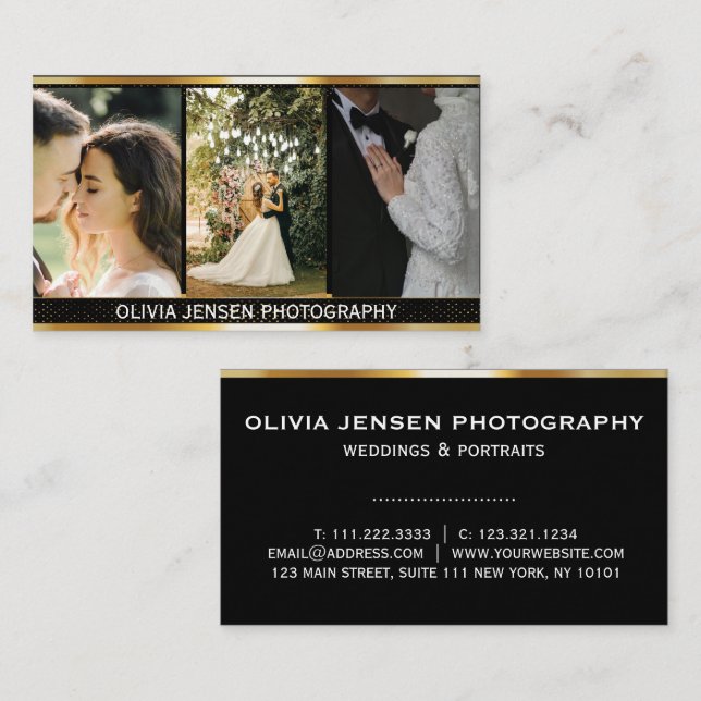 QR code golden gradient divider Photographer Business Card (Front/Back)