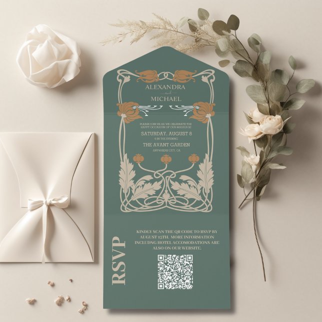 QR Code Green Art Nouveau Wedding All In One Invitation (Creator Uploaded)