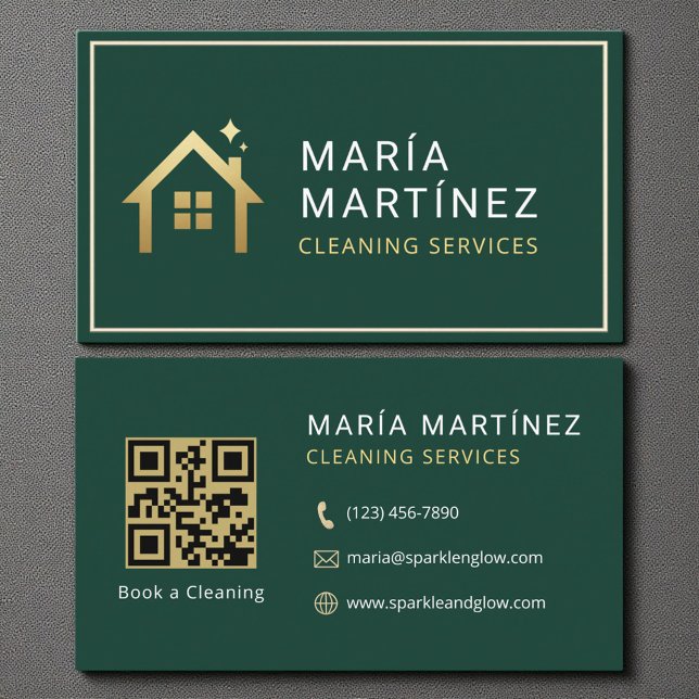 QR Code Green Gold Cleaning Services Business Card (Creator Uploaded)