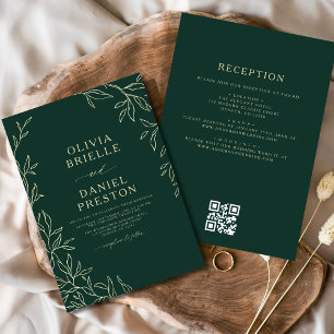 QR Code Green Gold Minimal Leaf Wedding Invitation