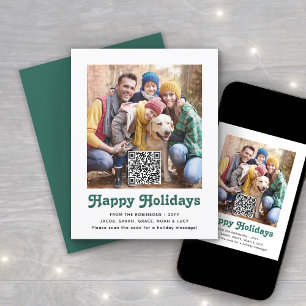 QR Code Green Retro Happy Holidays Simple 1 Photo Holiday Card