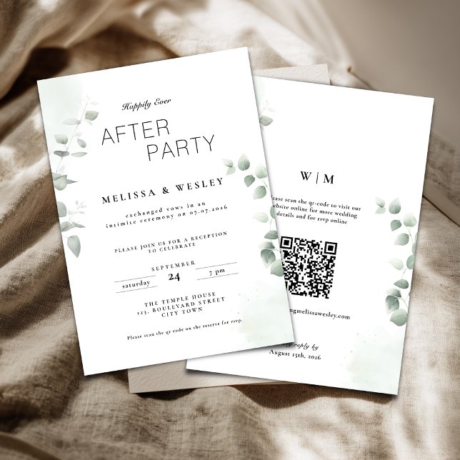 QR Code Greenery Happily Ever After Party Wedding Invitation (Happy ever after party wedding reception invitation with greenery eucalyptus details.)