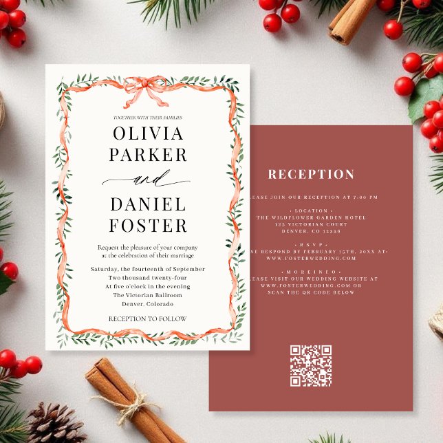 QR Code Greenery Red Ribbon & Bow Wedding Invitation (Creator Uploaded)