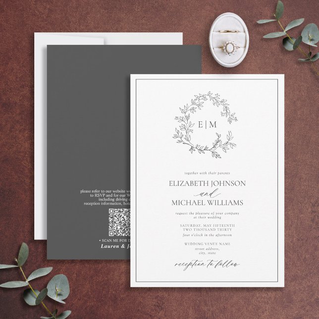 QR Code Grey Leafy Crest Monogram Wedding Invitation (Creator Uploaded)