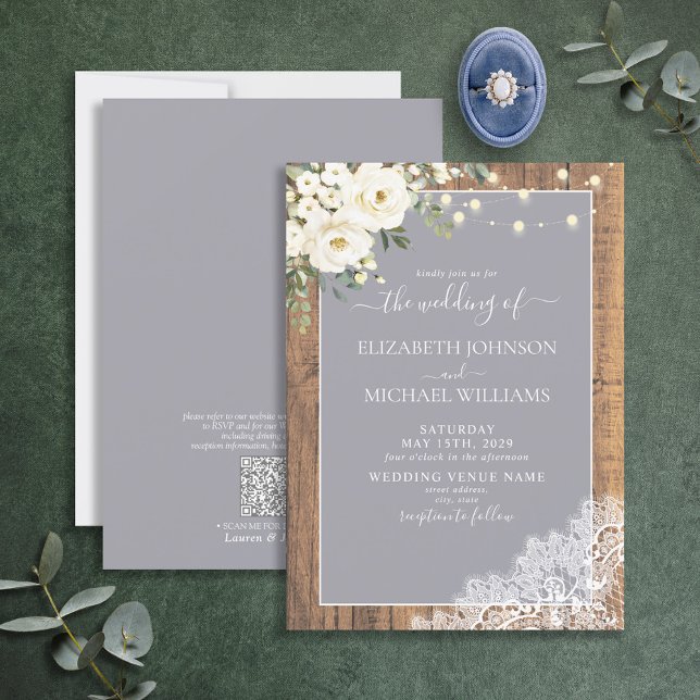 QR Code Grey Rustic Wood Lace Script Wedding Invitation (Creator Uploaded)