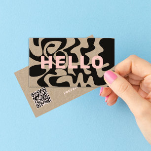 QR Code Groovy Black Light Pink Kraft Business Card