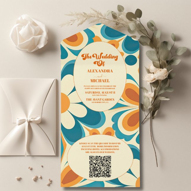 QR Code Groovy Colourful  Unique Retro Wedding All In One Invitation (Creator Uploaded)