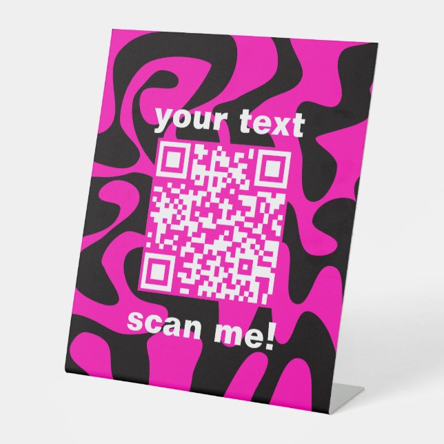 QR Code Groovy Retro Hot Pink Black Stand Business Pedestal Sign (Front)