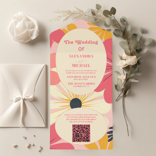 QR Code Groovy Retro Pink & Gold Wedding All In One Invitation