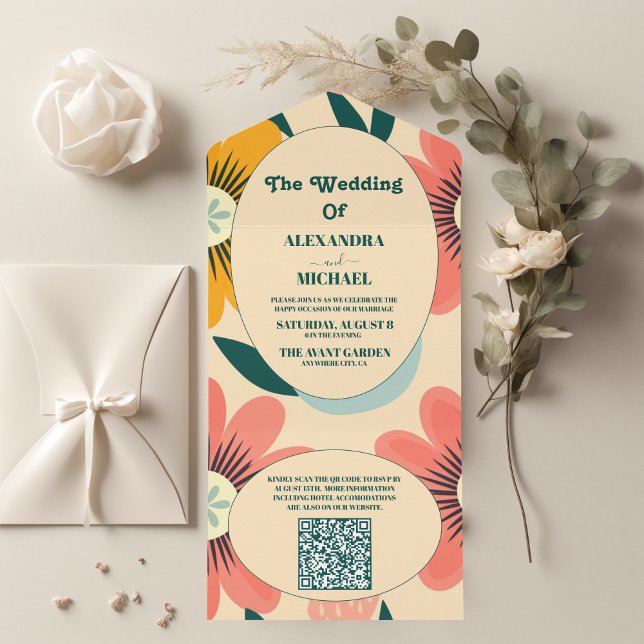 QR Code Groovy Retro Pink & Gold Wedding All In One Invitation (Creator Uploaded)