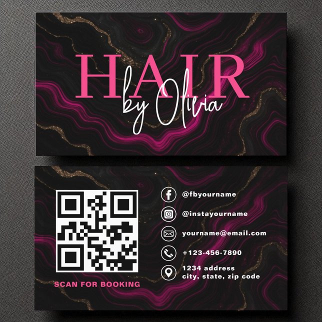 QR Code Hair Stylist Agate Hot Pink Black Business Card (Creator Uploaded)
