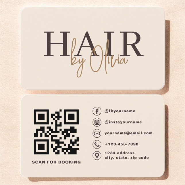 QR Code Hair Stylist Beige Neutral Typography  Business Card (Creator Uploaded)