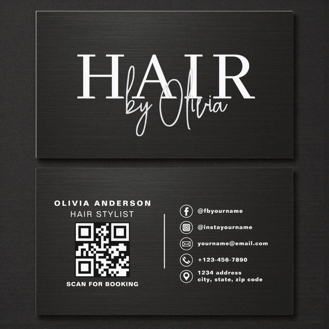 QR Code Hair Stylist Metallic Typography  Business Card (Creator Uploaded)