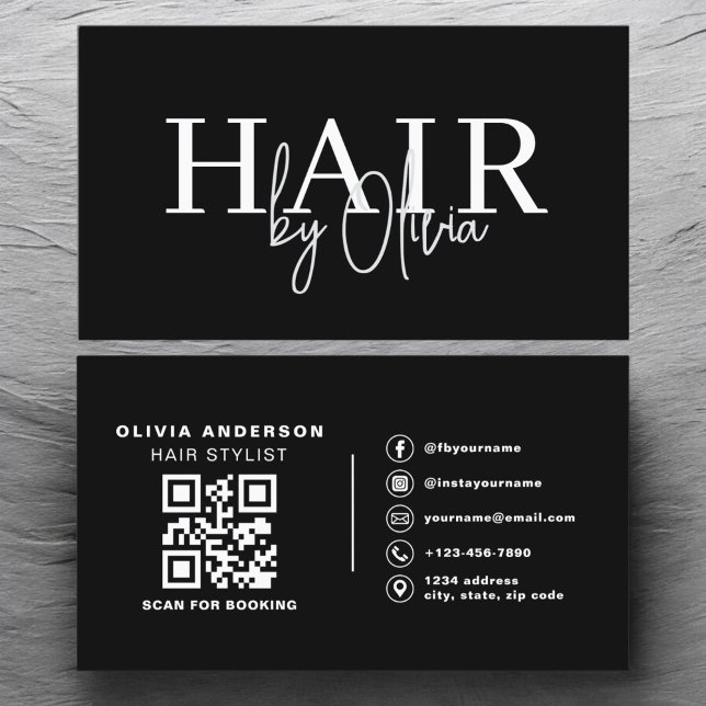 QR Code Hair Stylist Modern Typography  Business Card (Creator Uploaded)