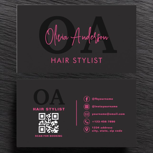 QR Code Hair Stylist Monogram Modern Typography  Business Card (Creator Uploaded)