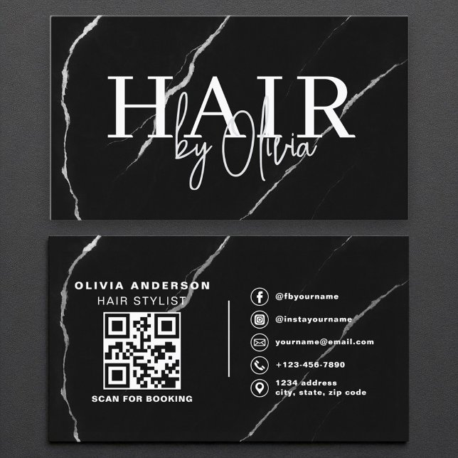 QR Code Hair Stylist Silver Black Marble Business Card (Creator Uploaded)