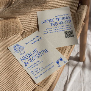 QR Code Hand Drawn Blue Cake Bows Unique Wedding Invitation
