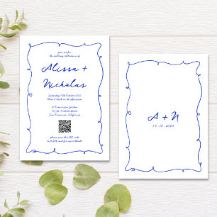 QR Code Hand Drawn Bright Blue Monogram Wedding Invitation