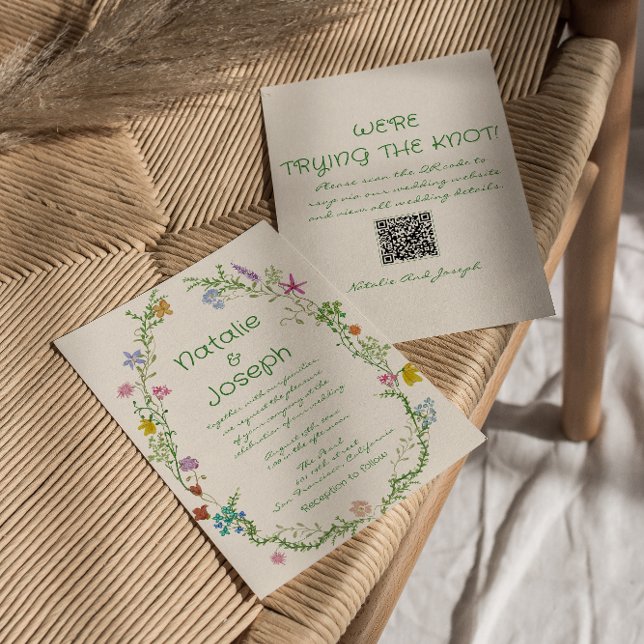 QR Code Hand Drawn Colourful Floral Wreath Wedding Invitation (Creator Uploaded)
