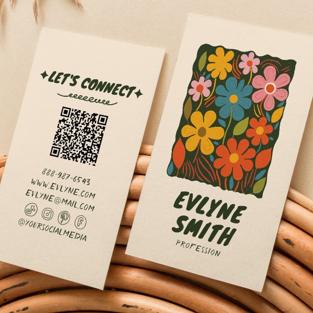 QR Code Hand Drawn Colourful Retro Funky Floral Business Card (Creator Uploaded)