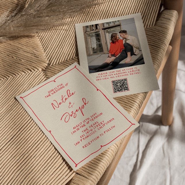 QR Code Hand-Written Vintage Photo Wedding Invitation (Creator Uploaded)