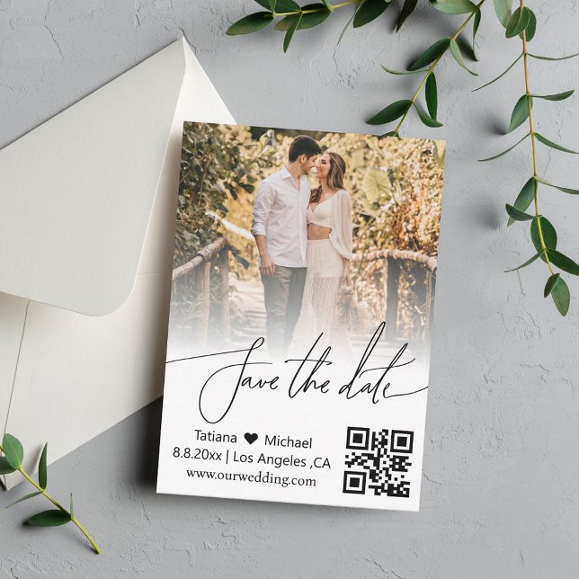 qr code handwriting  couple photo save the date   card (Creator Uploaded)