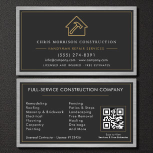 QR Code Handyman Metal Construction Black Gold  Business Card