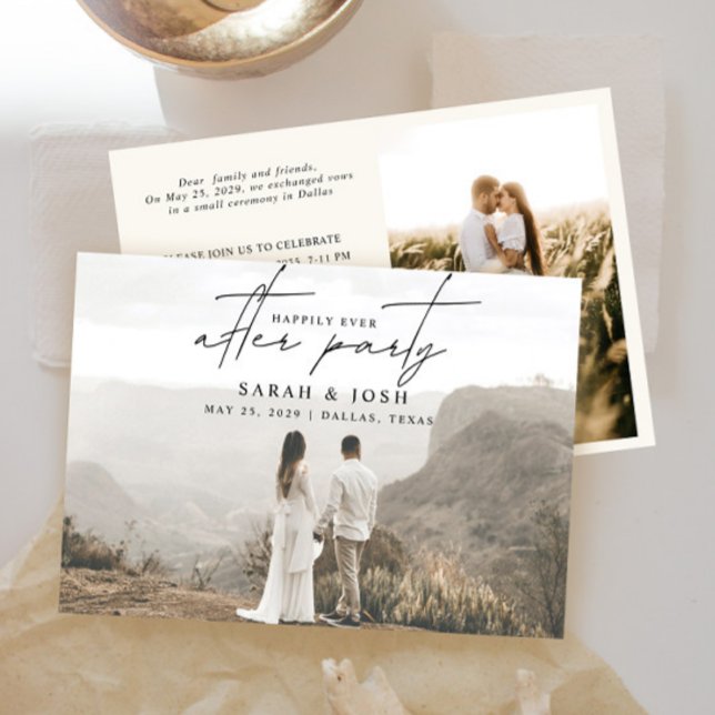 QR Code Happily Ever After 2 Photo Cream Wedding Announcement (Easily personalize this wedding reception invite with your wedding photos, personal message & deets)