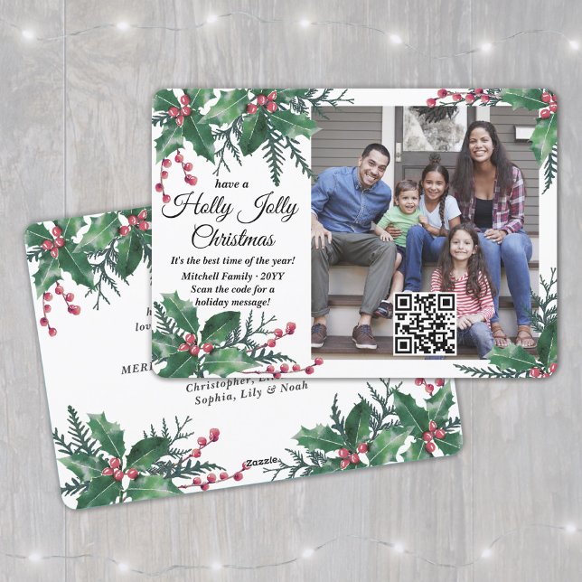 QR Code Holly Jolly Christmas Greenery 1 Photo Holiday Card (Creator Uploaded)