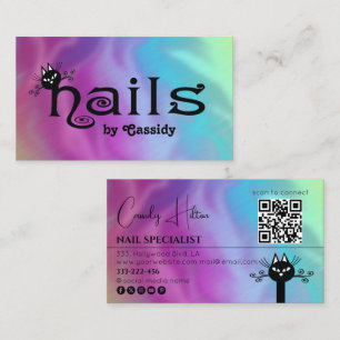 Qr code holographic Adorable black cat fun nails  Business Card