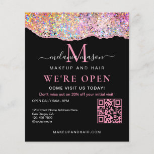 QR Code Holographic Agate Glitter We're Open Black Flyer