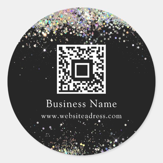 QR Code Holographic Glitter Business Black Classic Round Sticker (Front)