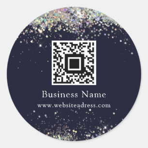QR Code Holographic Glitter Business Blue Classic Round Sticker