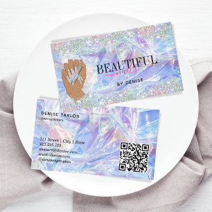 QR Code holographic nail salon woman hand nails Business Card