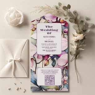 QR Code Hot Pink Fuchsia Watercolor Orchids Weddin All In One Invitation