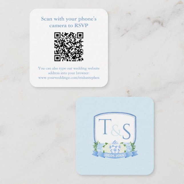 QR Code Hydrangea Ginger Jar Crest Wedding RSVP Enclosure Card (Front/Back)