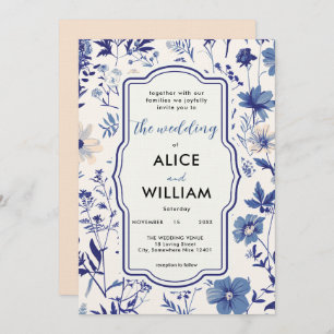 QR code Indigo Blue Wildflower Wedding Invitation