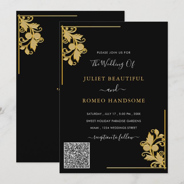 QR Code Info Floral Black Gold Wedding Invitation (Front/Back)