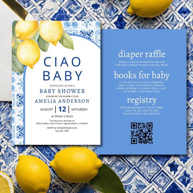 QR Code Italian Blue Tiles Lemon Baby Shower Invitation (Creator Uploaded)