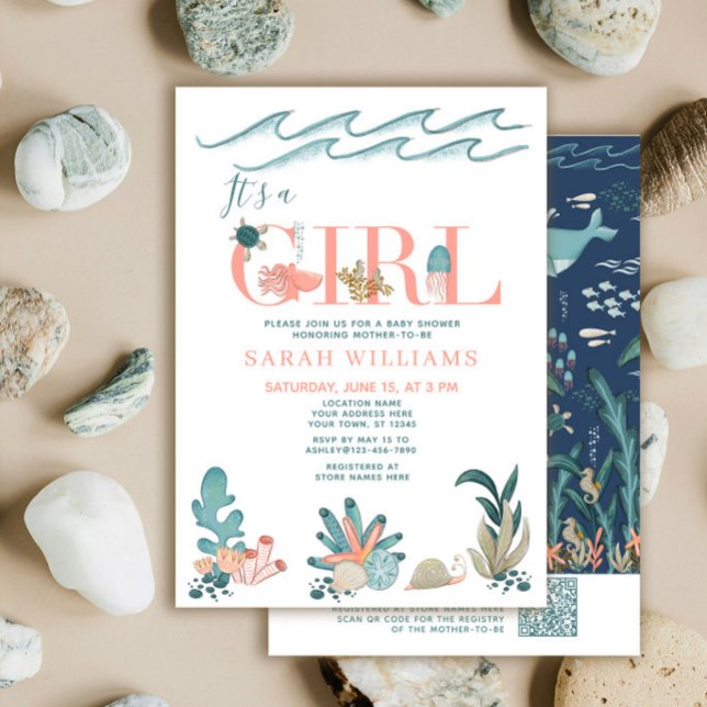 QR Code It's a Girl Under the Sea Baby Shower Invitation (Creator Uploaded)