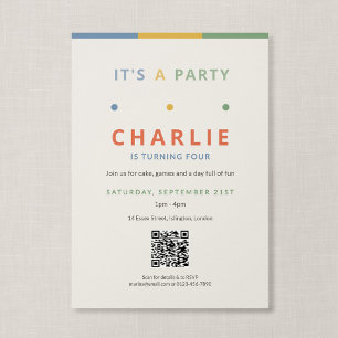 QR Code Its A Party Colourful Kids Birthday Invitation