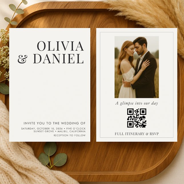 QR Code Ivory Beige Minimalist Photo Wedding Invitation (Creator Uploaded)